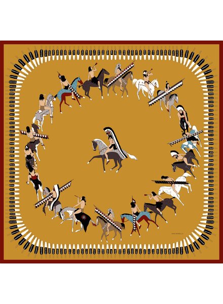 CASHMERE PRINTED SCARF: NATIVE AMERICAN: MUSTARD