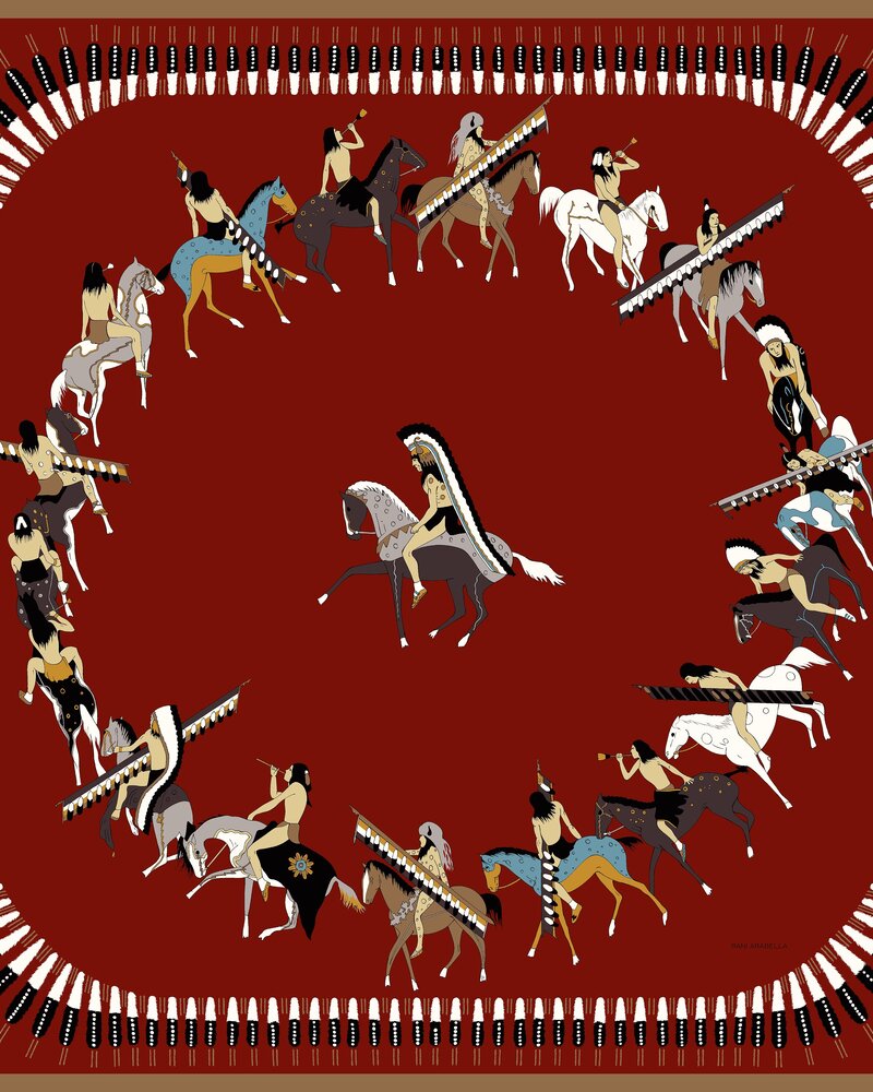 CASHMERE PRINTED SCARF: NATIVE AMERICAN: RED
