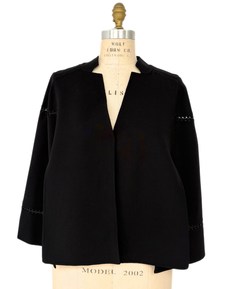 DOUBLE FACE WOOL CAPE W/ LEATHER: BLACK