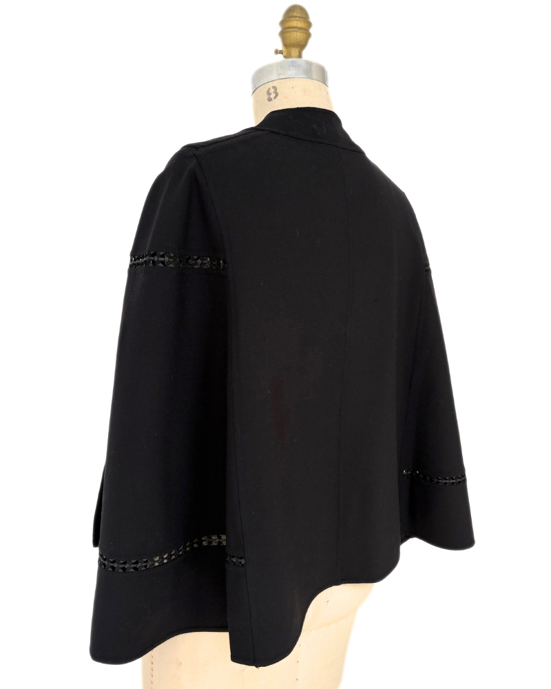 DOUBLE FACE WOOL CAPE W/ LEATHER: BLACK