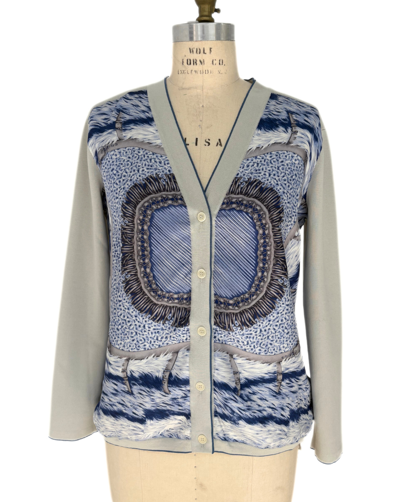 LONG CARDIGAN W/ SILK, FEATHERS: BLUE