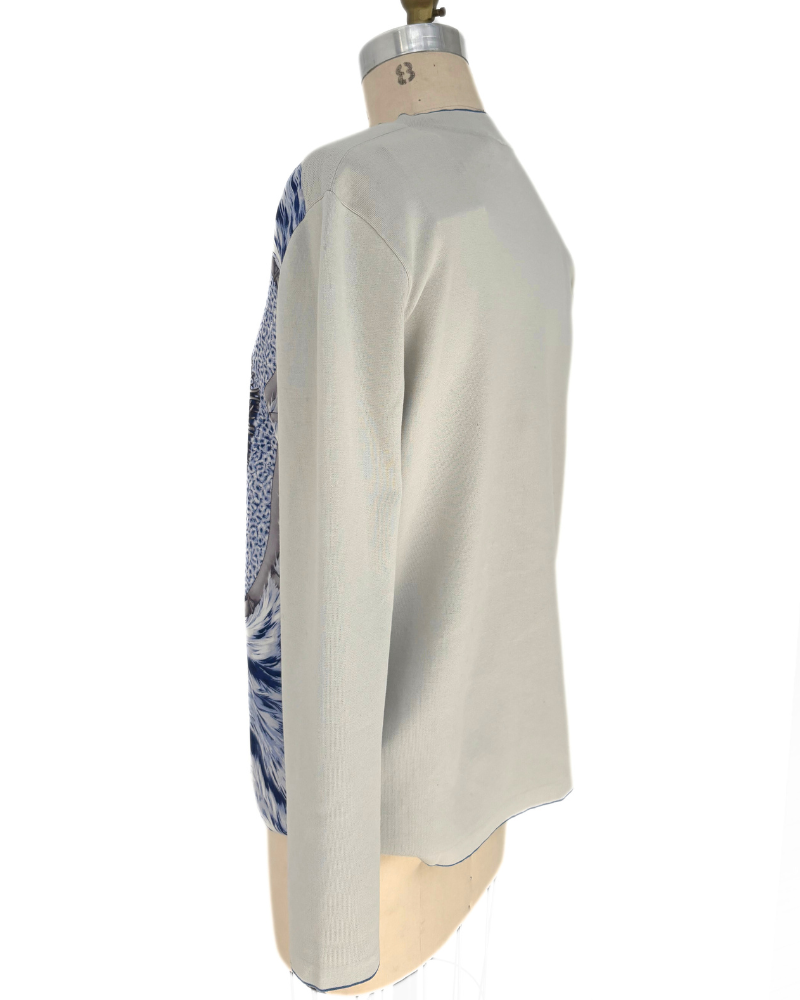 LONG CARDIGAN W/ SILK, FEATHERS: BLUE