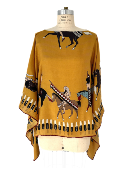CASHMERE PRINTED PONCHO NATIVE AMERICAN: MUSTARD