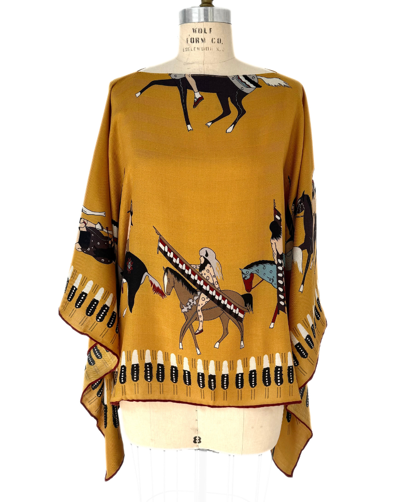 CASHMERE PRINTED PONCHO NATIVE AMERICAN: MUSTARD