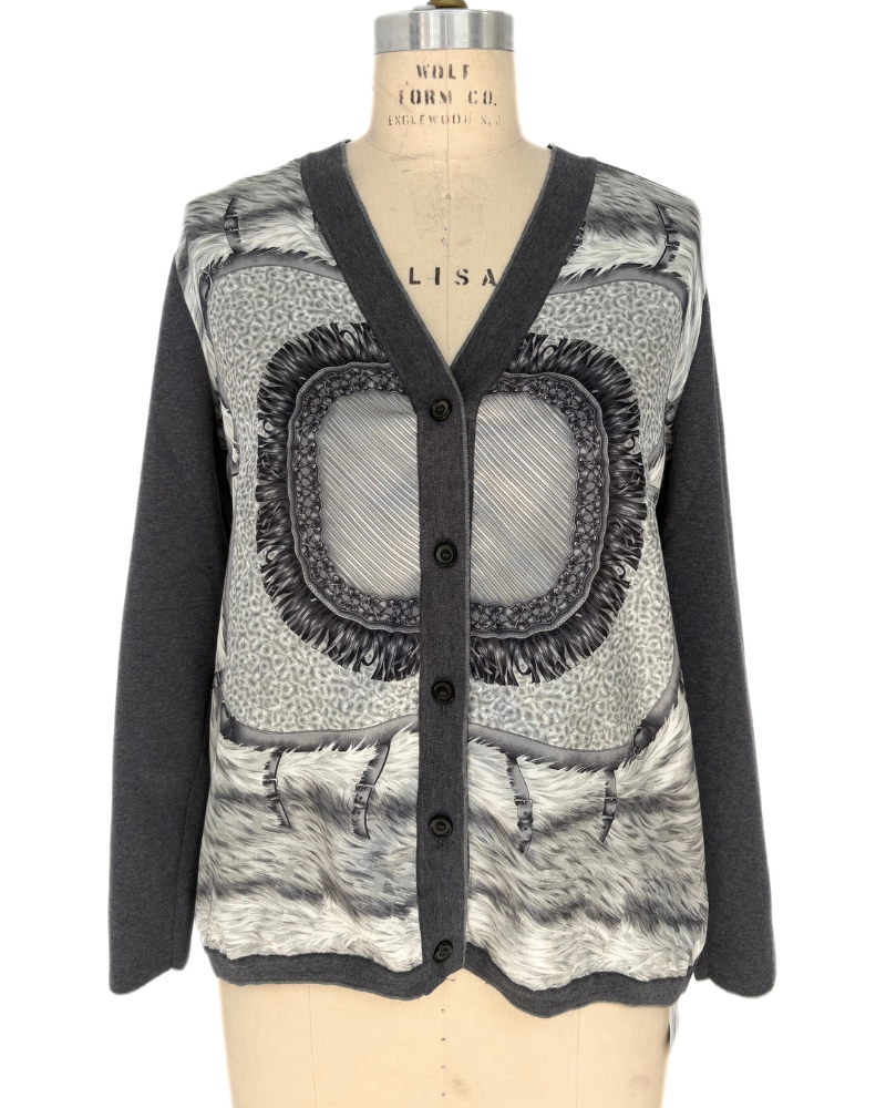 LONG CARDIGAN W/ SILK, FEATHERS:  GRAY