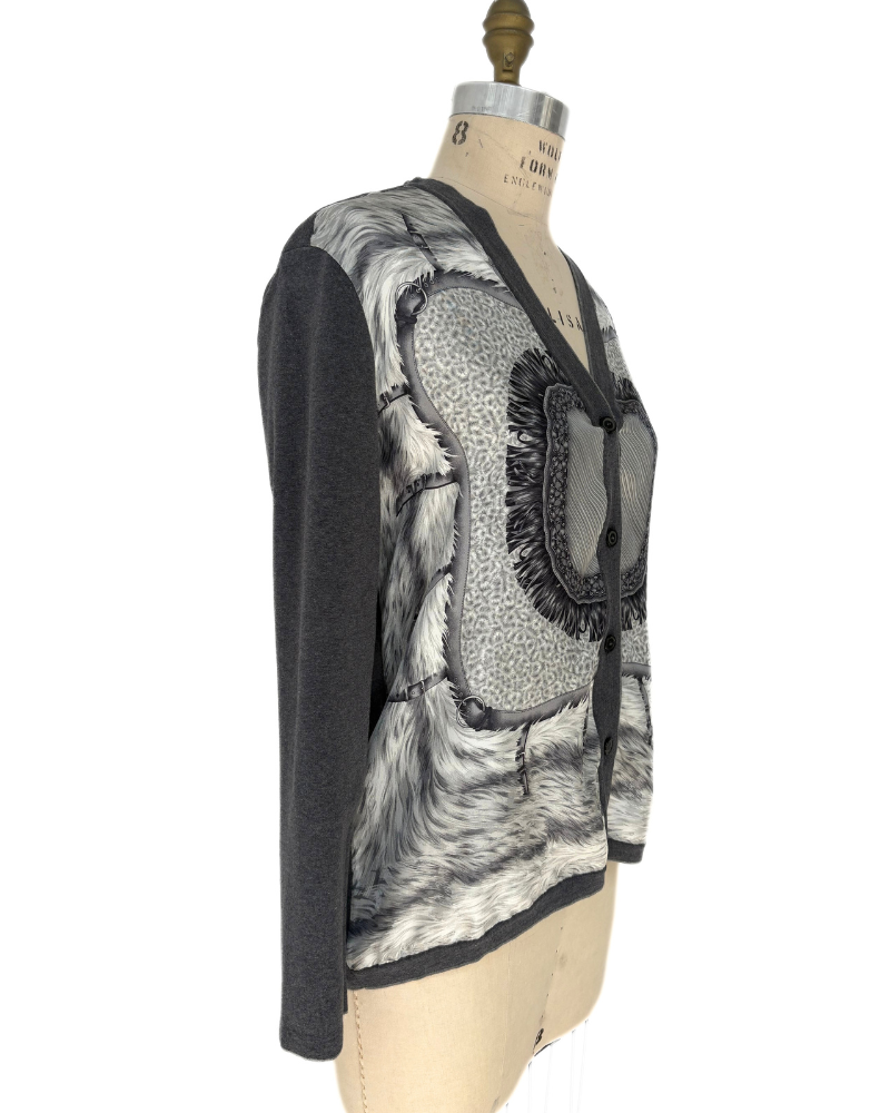 LONG CARDIGAN W/ SILK, FEATHERS:  GRAY