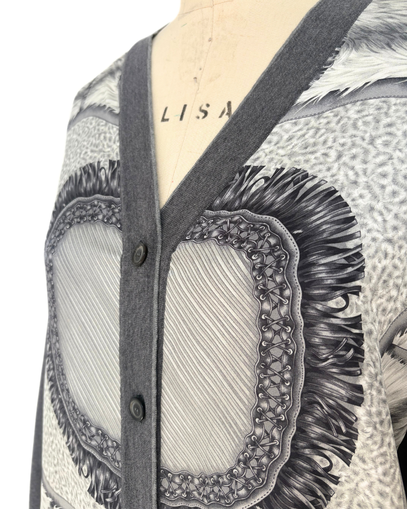 LONG CARDIGAN W/ SILK, FEATHERS:  GRAY