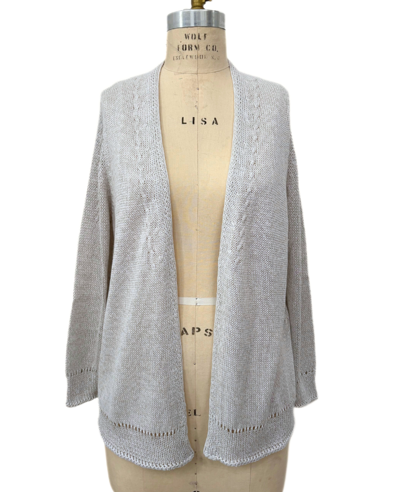 COTTON-LINEN CARDIGAN W/ CABLE: PEARL-WHITE