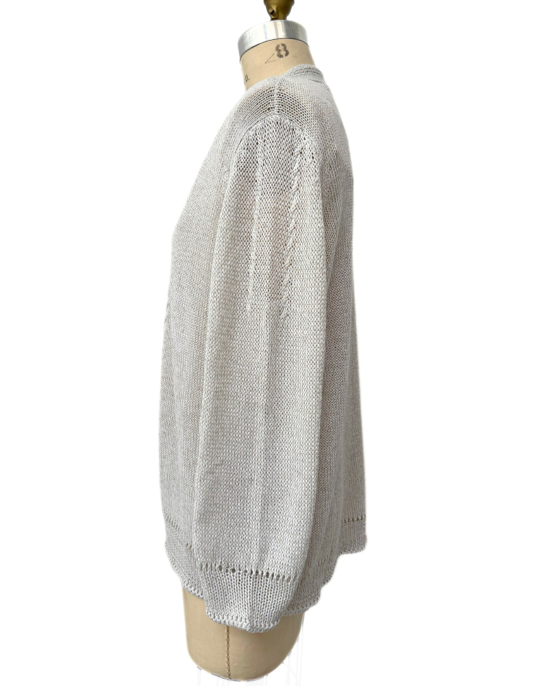 COTTON-LINEN CARDIGAN W/ CABLE: PEARL-WHITE
