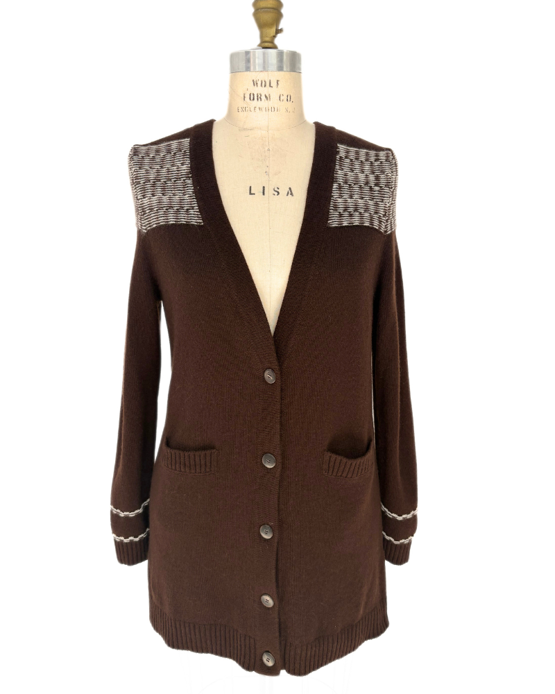 CASHMERE LONG CARDIGAN: CHOCOLATE-WHITE