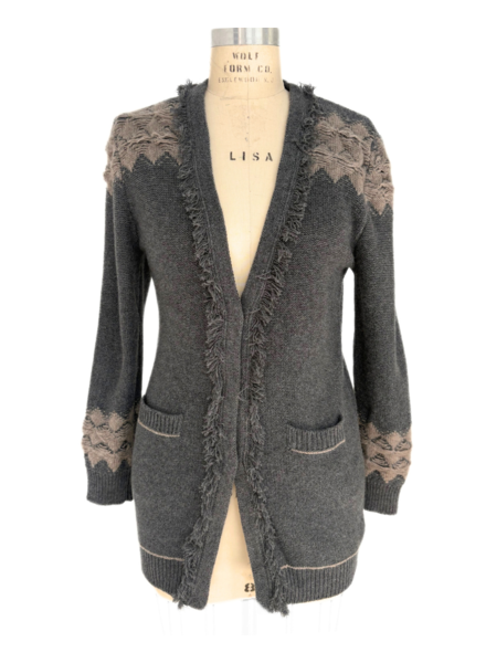 CASHMERE TWO-TONES LONG CARDIGAN W/ KNIT DETAILS: ANTHRACITE-BEIGE