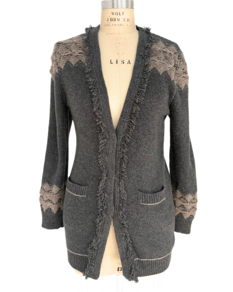 CASHMERE TWO-TONES LONG CARDIGAN W/ KNIT DETAILS: ANTHRACITE-BEIGE