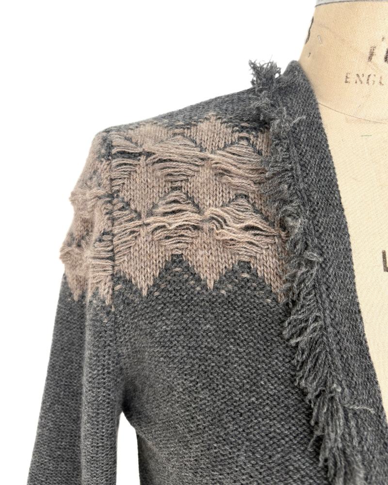 CASHMERE TWO-TONES LONG CARDIGAN W/ KNIT DETAILS: ANTHRACITE-BEIGE