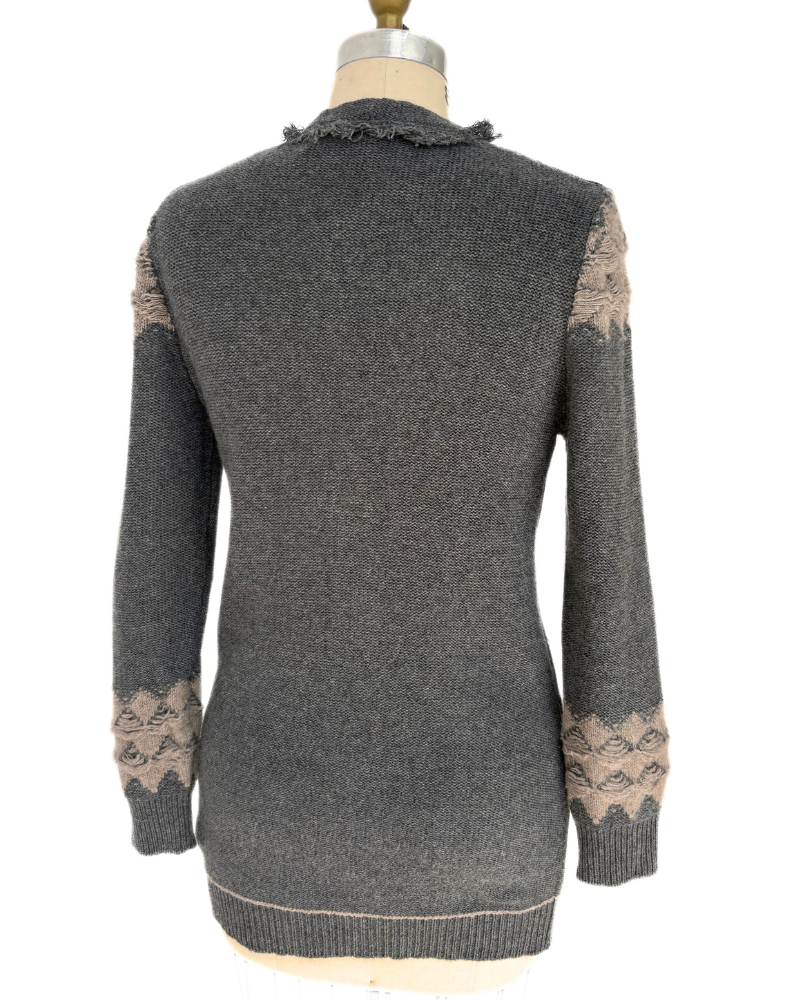 CASHMERE TWO-TONES LONG CARDIGAN W/ KNIT DETAILS: ANTHRACITE-BEIGE