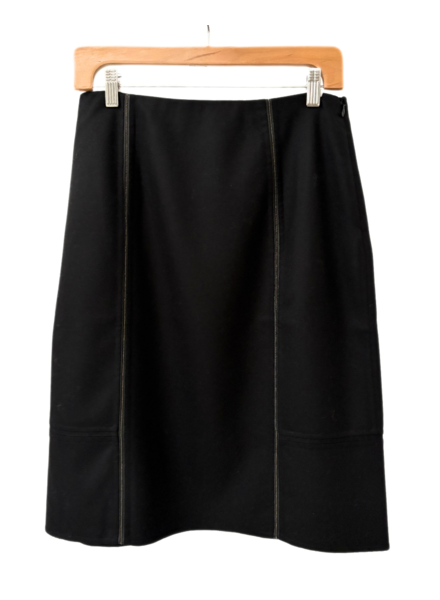 DOUBLE FACE WOOL SKIRT WITH CHAIN-BRAIDED LEATHER: BLACK