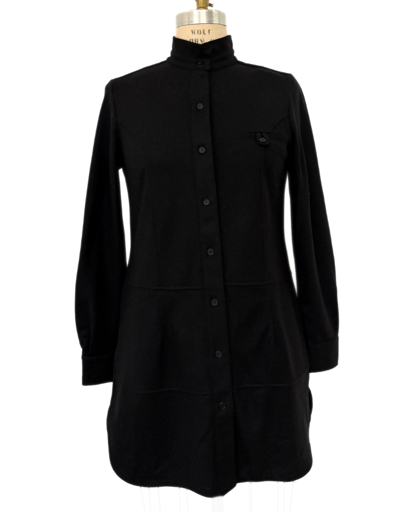 LONG BUTTON FRONT MILITARY COAT: WOOL JERSEY: BLACK