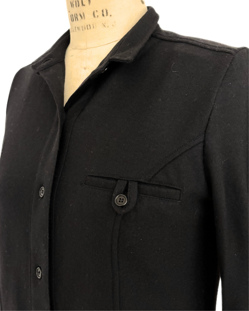 LONG BUTTON FRONT MILITARY COAT: WOOL JERSEY: BLACK