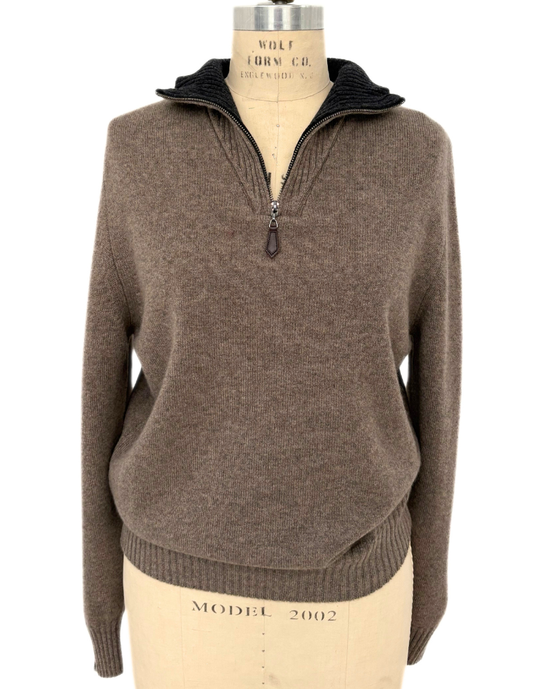 MEN HALF ZIP SWEATER : BROWN
