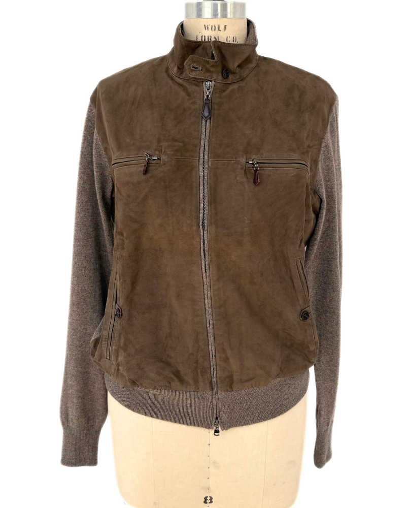 MEN SUEDE FRONT KNIT JACKET : BROWN