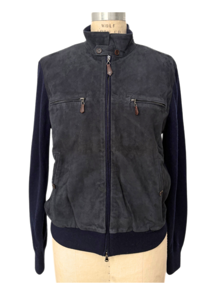 MEN SUEDE FRONT KNIT JACKET : NAVY