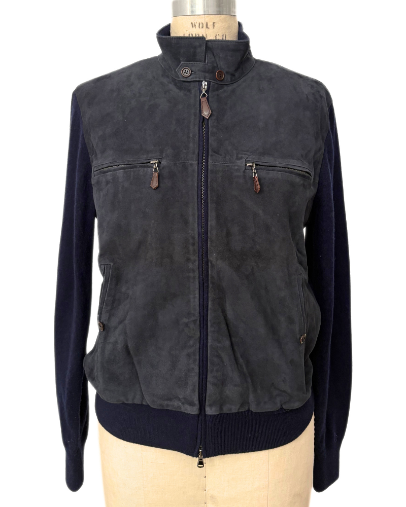 MEN SUEDE FRONT KNIT JACKET : NAVY