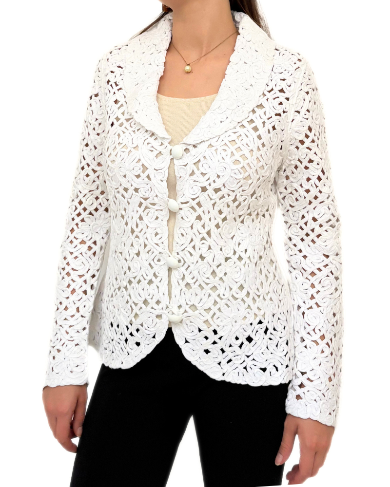 COTTON KNIT LACE SHAWL COLLAR JACKET: IVORY