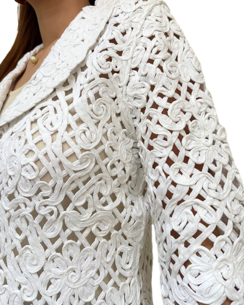 COTTON KNIT LACE SHAWL COLLAR JACKET: IVORY