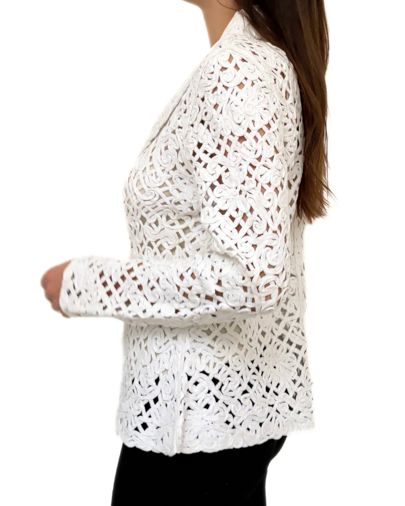 COTTON KNIT LACE SHAWL COLLAR JACKET: IVORY