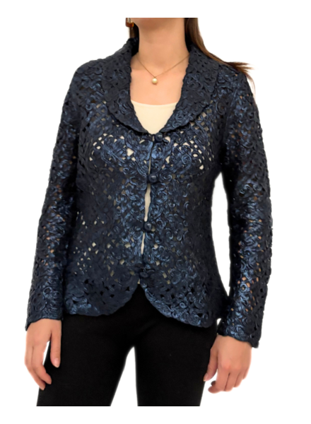 COTTON KNIT LACE SHAWL COLLAR JACKET: NAVY