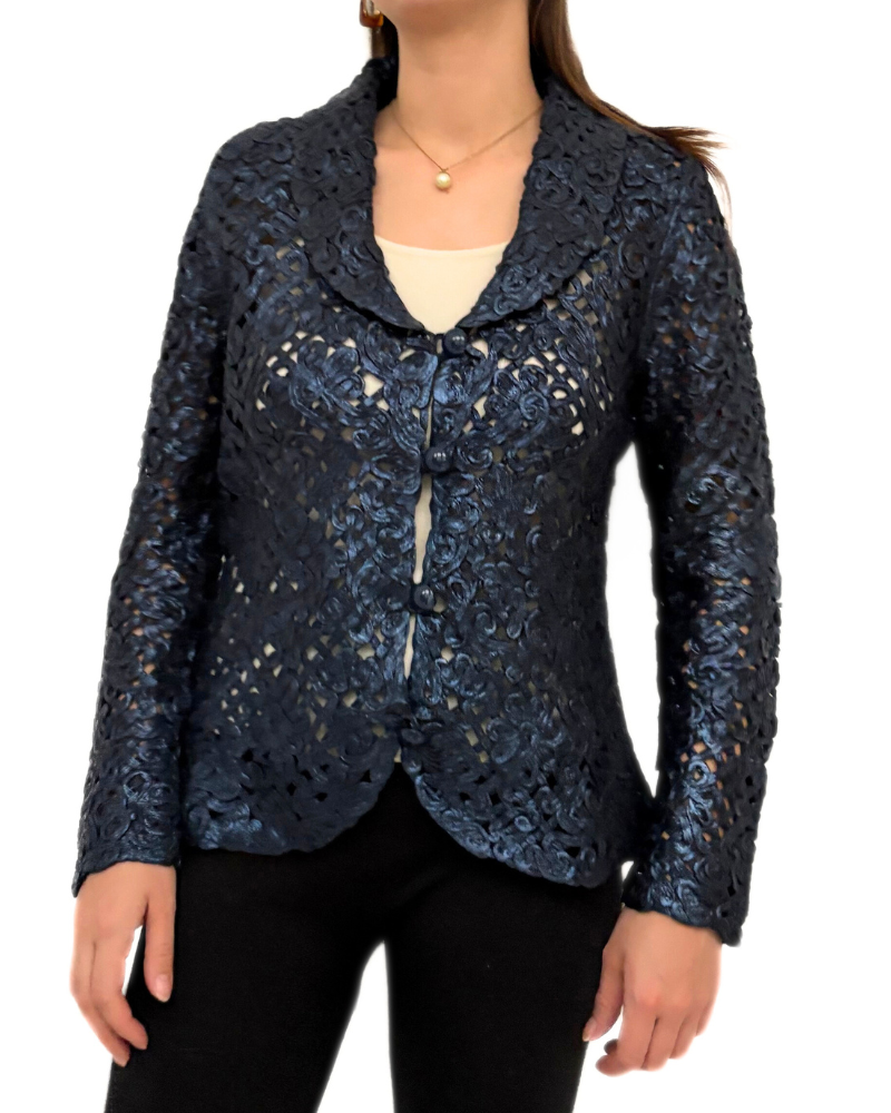 COTTON KNIT LACE SHAWL COLLAR JACKET: NAVY