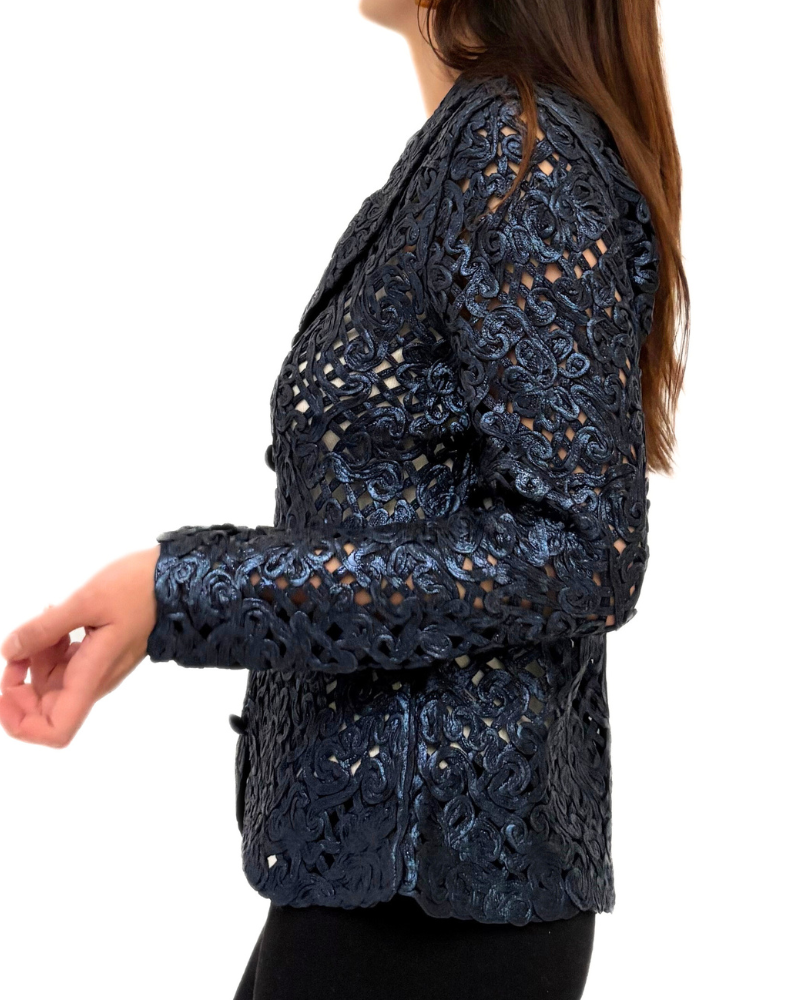 COTTON KNIT LACE SHAWL COLLAR JACKET: NAVY