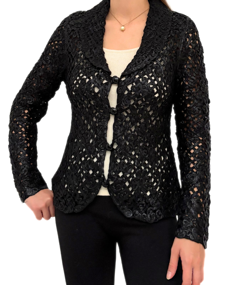COTTON KNIT LACE SHAWL COLLAR JACKET: BLACK
