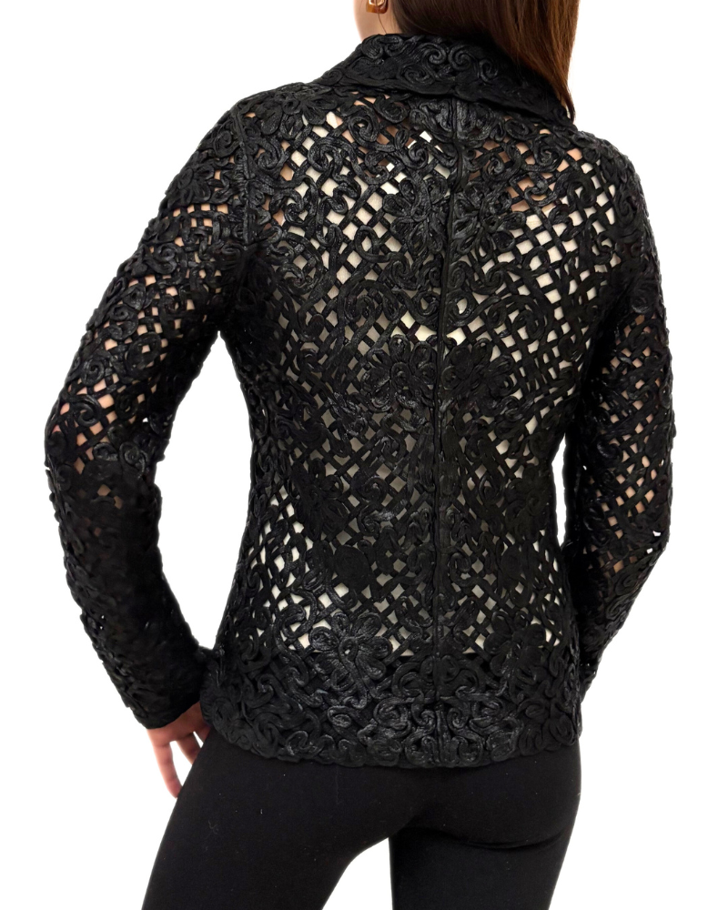 COTTON KNIT LACE SHAWL COLLAR JACKET: BLACK