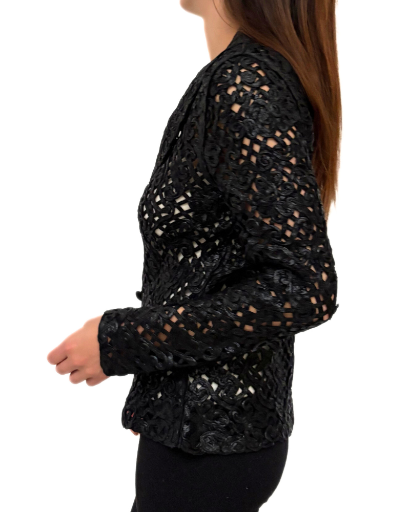 COTTON KNIT LACE SHAWL COLLAR JACKET: BLACK