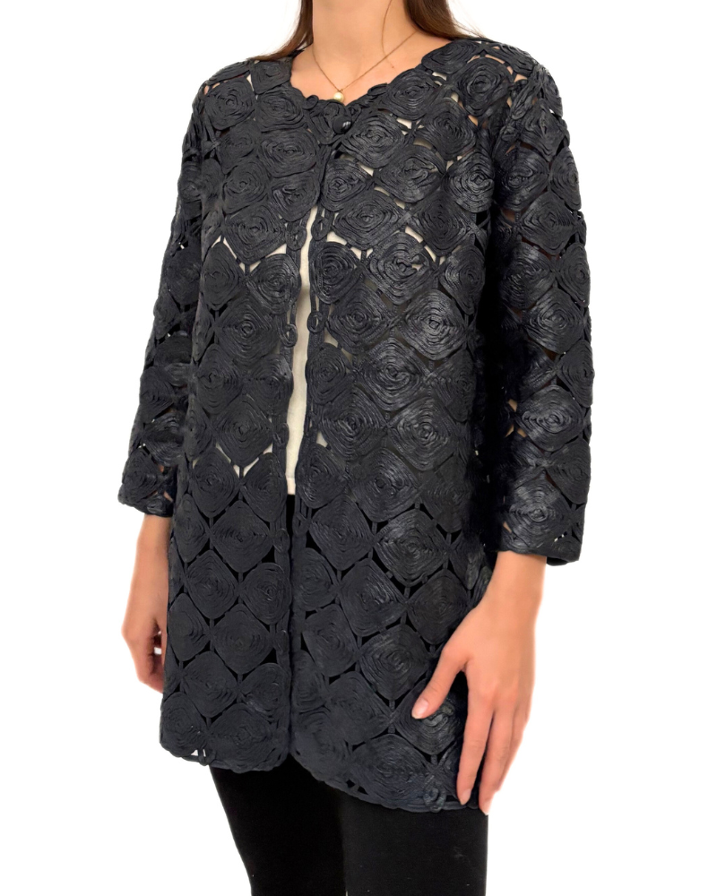 COTTON KNIT METALLIC LACE LONG COLLARLESS COAT : NAVY
