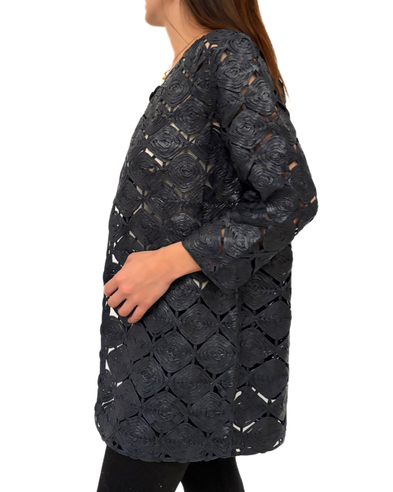 COTTON KNIT METALLIC LACE LONG COLLARLESS COAT : NAVY
