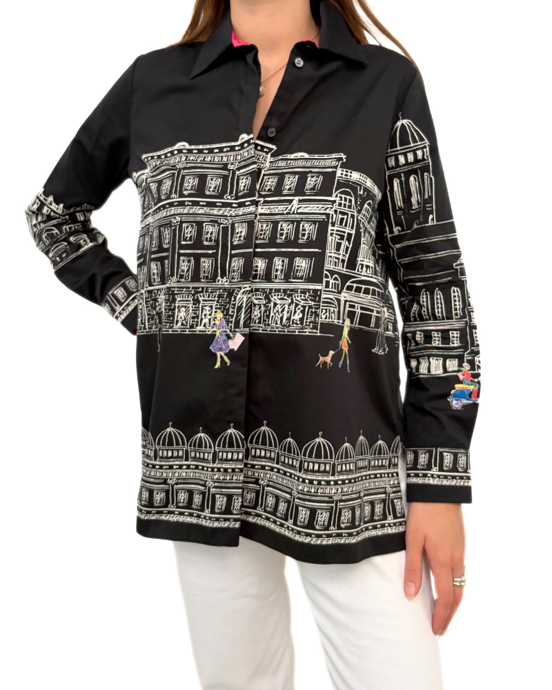 COLLARED COTTON PRINTED SHIRT: ASTI: BLACK
