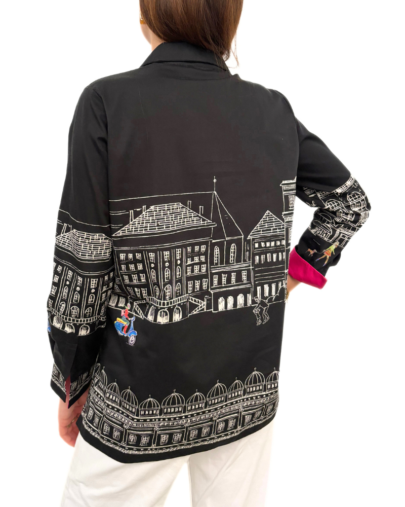 COLLARED COTTON PRINTED SHIRT: ASTI: BLACK
