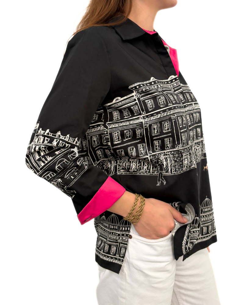 COLLARED COTTON PRINTED SHIRT: ASTI: BLACK
