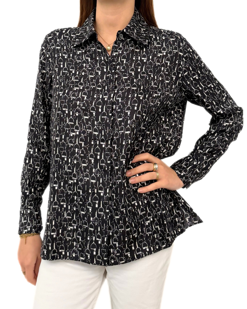 COTTON SHIRT W/ YOKE DETAILS: MINI SADDLES -  BLACK