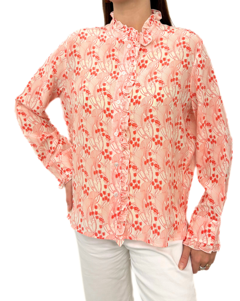 SILK PRINTED RUFFLE COLLAR: MINI CORAL