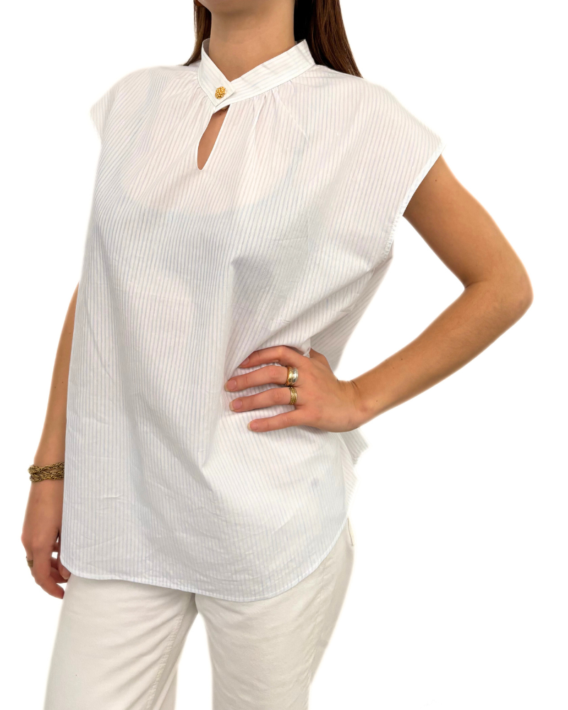 SILK SLEEVELESS BLOUSE: LIGHT BLUE AND WHITE STRIPES