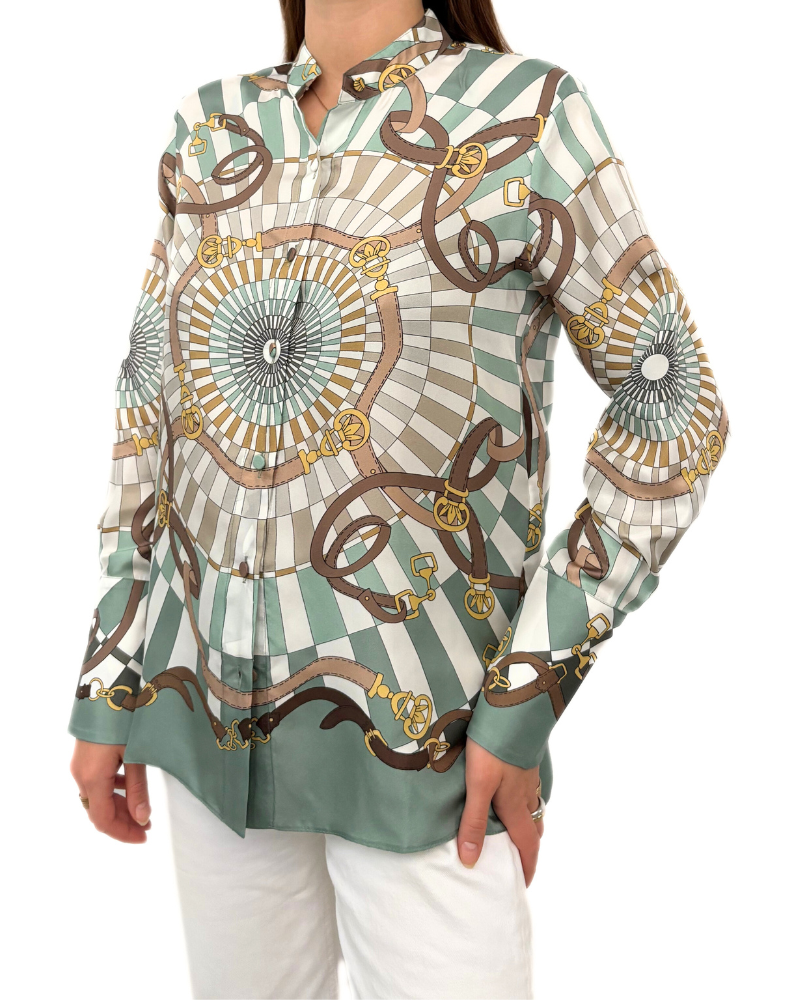 COLLARLESS SILK SCARVES SHIRT: FIRENZE: GREEN