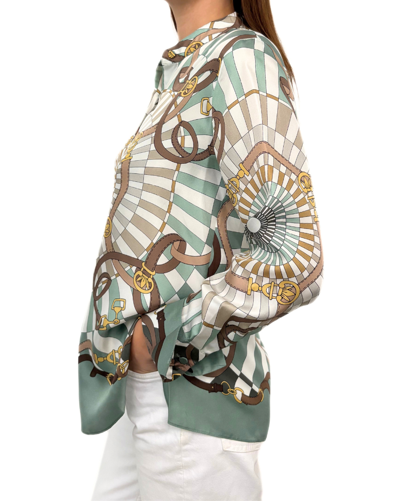 COLLARLESS SILK SCARVES SHIRT: FIRENZE: GREEN