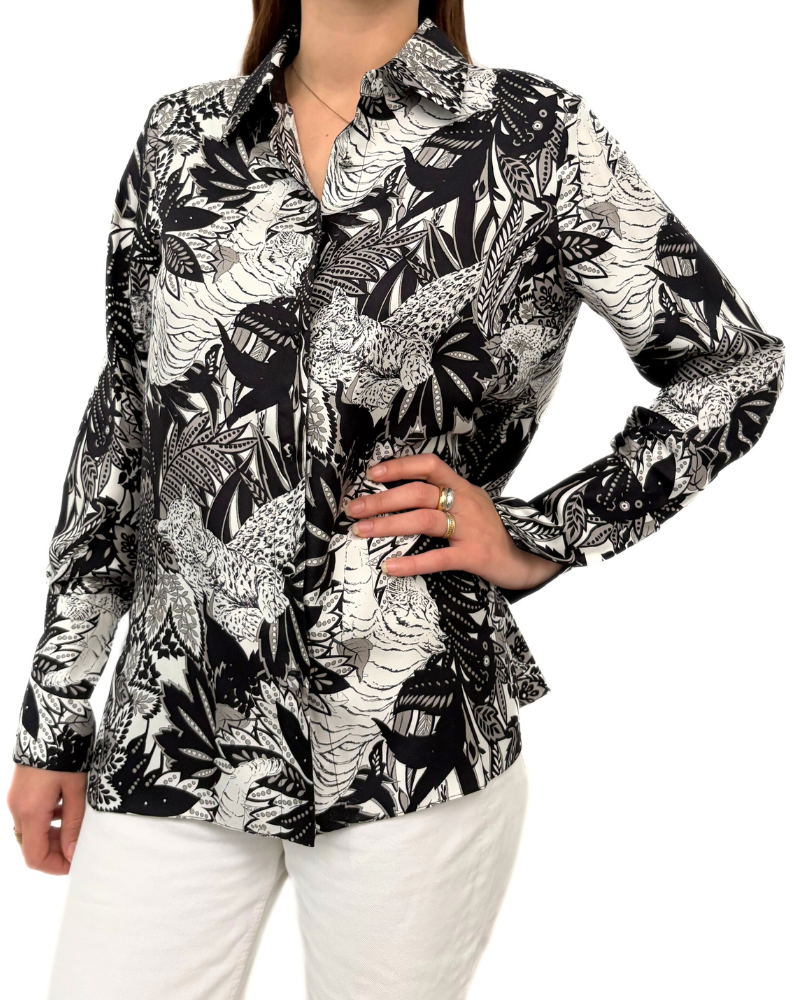 COLLARED SILK PRINTED SHIRT: AMAZONIA: BLACK