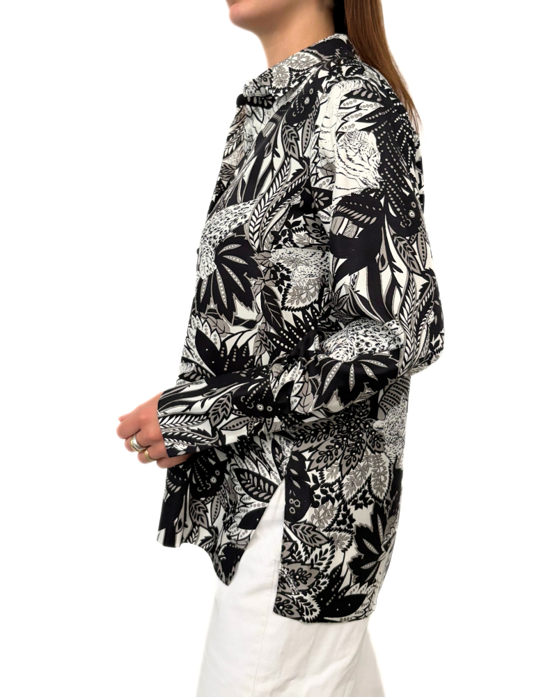 COLLARED SILK PRINTED SHIRT: AMAZONIA: BLACK