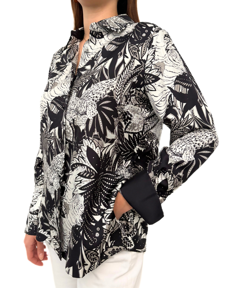 COLLARED SILK PRINTED SHIRT: AMAZONIA: BLACK