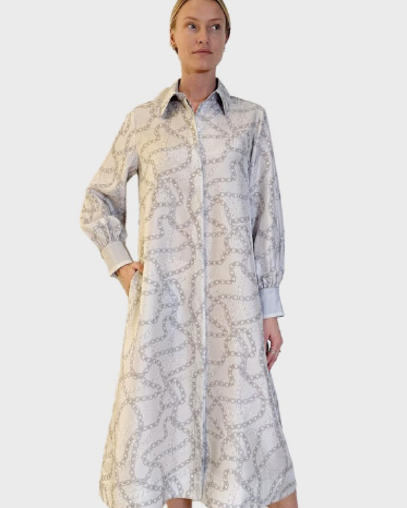 SILK SHIRT DRESS WITH BELT PRINT: DEVON:  GRAY