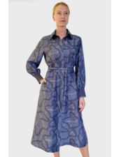 SILK SHIRT DRESS WITH BELT PRINT: DEVON:  BLUE