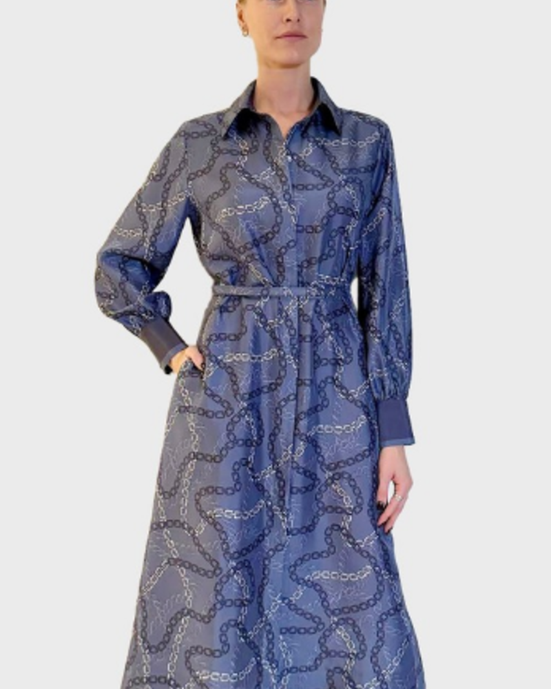 SILK SHIRT DRESS WITH BELT PRINT: DEVON:  BLUE